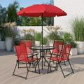 6 Piece Red Patio Garden Set with Table Umbrella and 4 Folding Chairs