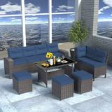 ALAULM 7 Pieces Outdoor Patio Furniture Set with Dining Table Outdoor Dining Set Sectional Sofa Brown Rattan Patio Conversation Set with Red Cushions and 3 Ottomans