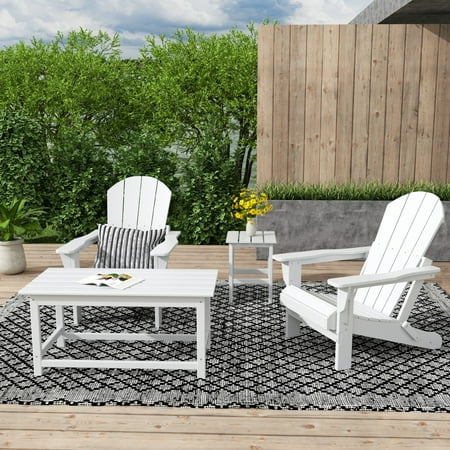 WestinTrends Malibu 4-Pieces Outdoor Patio Furniture Set All Weather Outdoor Seating Plastic Adirondack Chair Set of 2 with Coffee Table and Side Table White