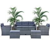 PUDO 5 Piece Small Patio Furniture Conversation Rattan Wicker Outdoor Lawn Furniture Covers Set Couch with Storage Box Removable Grey Cushions Seating Sets and Glass Table