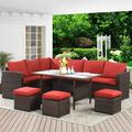 Superjoe 7 Pcs Outdoor Dining Sectional Sofa Couch All Weather Wicker Conversation Set with Table Red