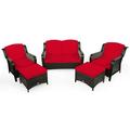 Gymax 5PCS Rattan Patio Conversation Sofa Furniture Set Outdoor w/ Red Cushions