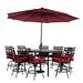 Hanover Montclair 9-Piece High-Dining Set in Chili Red with 8 Counter-Height Swivel Rockers 60-In. Square Table and 11-Ft. Umbrella