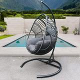 Swing Egg Chair with Black Metal Outdoor Indoor PE Wicker Hanging Egg Chair with Dark Grey Cushion