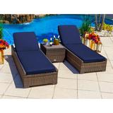 Sorrento 3-Piece Resin Wicker Outdoor Patio Furniture Chaise Lounge Set in Brown w/ Two Chaise Lounge Chairs and Side Table (Flat-Weave Brown Wicker Sunbrella Canvas Navy)