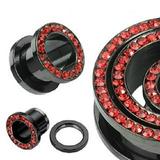 Black Titanium with Red CZ Over Surgical Steel Screw-on Plugs/Gauges14G (1.6MM) 2 Pieces (1 Pair) (B/60)
