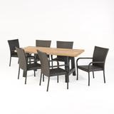 GDF Studio Allison Outdoor Lightweight Concrete and Wicker 7 Piece Dining Set Multibrown and Natural Oak