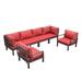 LeisureMod Hamilton Modern 6-Peice Modular Outdoor Sectional Aluminum Patio Conversation Set with Red Cushions