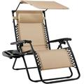 Best Choice Products Folding Zero Gravity Recliner Patio Lounge Chair w/ Canopy Shade Headrest Side Tray - Beige