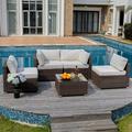 COSIEST 5-Piece Outdoor Furniture Set Brown Wicker Sectional Sofa w Off White Cushions