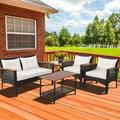 Gymax 4PCS Rattan Patio Furniture Set Acacia Wood Outdoor Conversation Set w/ Cushions