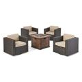 GDF Studio Archer Outdoor Wicker 5 Piece Club Chair and Fire Pit Set with Cushions Dark Brown and Brown