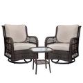 3 Pieces Outdoor Garden Patio Bistro Set Swivel Rocker Chairs Set of 2 with 2 Beige Cushions and Table(Glass Top) Wicker Swivel Chairs Set for Backyard