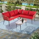 Wicker Patio Furniture Sets on for Backyard 2023 Upgrade New 4-Piece Wicker Conversation Set w/L-Seats Sofa R-Seats Sofa Tempered Glass Table Padded Cushions Red S8326