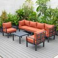 LeisureMod Chelsea Mid-Century Modern 7-Piece Patio Sectional Set in Black Aluminum with Removable Cushions and Coffee Table (Orange)