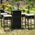 Patiojoy 5 PCS Patio Rattan Dinning Set Conversation Set All weather Wicker Bar Table Stool Set w/Hidden Storage Shelf & Cushions