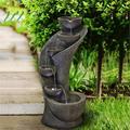 Fithood 23.5inches Outdoor Water Fountain with LED Light - Modern Curved Indoor-Outdoor Waterfall Fountain 5-Tier Cascading Bowl Zen Fountain for Outdoor Space or Indoor Decor