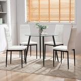 Surmoby Round Glass Dining Table Set for 4 - 5 Piece Kitchen Table Set with Faux Leather Full Back Dinner Chairs Ideal for Dining Room or Dinette(Round Black Table+ 4 White Chairs)