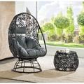 Miekor Furniture Hikre Patio Lounge Chair & Side Table Clear Glass Charcaol Fabric & Black Wicker