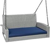 Best Choice Products Woven Wicker Hanging Porch Swing Bench for Patio Deck w/ Mounting Chains Seat Cushion - Gray/Navy