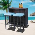 3 Piece Patio Table and Stools Sets Sesslife Patio Furniture Dining Sets Outdoor Wicker Bar Table with 2 Stools and Washable Cushions Blue Cushion + Brown Wicker