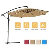 10ft Solar LED Cantilever Patio Umbrella 360-Degree Rotation Hanging Offset Market Outdoor Sun Shade Offset Umbrella with Cross Base for Backyard Deck Poolside with Lights Easy Tilt Taupe