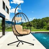 uhomepro Resin Wicker Hanging Egg Chair with Cushion and Stand UV Resistant Outdoor Patio Hanging Egg Chair with Steel Frame Heavy Duty Swing Chair Backyard Relax with Headrest Pillow Khaki