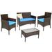 Sunnydaze Dunmore 4-Piece Patio Conversation Set with Cushions - Mixed Brown Rattan and Blue Cushions