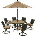 Hanover Monaco 7-Piece Outdoor Patio Dining Set 6 Cushioned Wicker Back Swivel Rocker Chairs 60 Round Tile Table 9 Umbrella and Umbrella Base Bronze Finish Rust-Resistant All-Weather