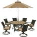 Hanover Monaco 7-Piece Outdoor Patio Dining Set 6 Cushioned Wicker Back Swivel Rocker Chairs 60 Round Tile Table 9 Umbrella and Umbrella Base Bronze Finish Rust-Resistant All-Weather