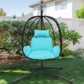 Wicker Egg Chair BTMWAY Indoor Outdoor Swing Chair with Stand and Removable Cushion All-Weather Rattan Hanging Basket Chair Hammock Chair for Patio Balcony Porch Garden 265lbs Capacity Blue