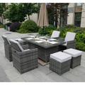 Direct Wicker 9-Piece Patio Wicker Rectangle Firepit Table with Chairs and Ottomans