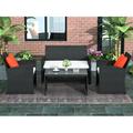 4 Pieces Outdoor Patio Set All-Weather Rattan Loveseat and Chairs Patio Seating Conversation Set with Glass Table and Cushioned Seats for Garden Lawn and Backyard Black