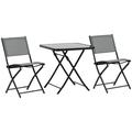 Outsunny 3-Piece Garden Bistro Set Outdoor Folding Dining Set with Glass Table Top 2 Folding Chairs Steel Frame and Mesh Fabric Grey