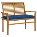 Anself Patio Bench with Blue Cushion Teak Wood Porch Chair Garden Bench for Garden Backyard Balcony Park Terrace Outdoor Furniture 44.1in x 21.7in x 37in