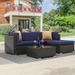 ACEGOSES 5 Pieces Patio Furniture Sets Outdoor Sectional Rattan Conversation Sofa Tempered Glass Tabletop - Dark Brown Wicker/Navy Blue Cushions