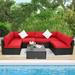 Kinbor 7pcs Outdoor Patio Furniture Sectional Pe Rattan Wicker Rattan Sofa Set with Red Cushions