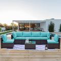 Gotland Patio Furniture Set 7 Pieces Outdoor Sectional Rattan Sofa Set Brown Manual Wicker Patio Conversation Set with Blue Cushions 1 Tempered Glass Tea Table