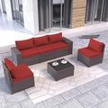 Kullavik Patio Furniture Set 6 Pieces Outdoor Combination Sofa Set All-Weather PE Rattan Wicker Patio Sofa Conversation Set with Thickened Cushions and Coffee Table Red