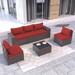 Kullavik Patio Furniture Set 6 Pieces Outdoor Combination Sofa Set All-Weather PE Rattan Wicker Patio Sofa Conversation Set with Thickened Cushions and Coffee Table Red