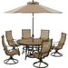 Hanover Monaco 7-Piece Outdoor Patio Dining Set 6 Sling Swivel Rocker Chairs 60 Round Tile Table 9 Umbrella and Umbrella Base Brushed Bronze Finish Rust-Resistant All-Weather