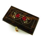Romantic 30 Note Walnut Tone Double Red Rose and Heart Musical Jewelry Box - Scarsborough Fair