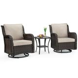 Zzistar 3 Pieces Patio Bistro Set Wicker Weave 360 Degree Swivel Rocking Chairs with Glass Side Table Beige
