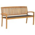 Anself Stacking Patio Bench with Taupe Cushion Teak Wood Porch Chair Garden Bench for Garden Backyard Balcony Park Terrace Outdoor Furniture 62.6in x 22.6in x 35.4in