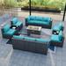 Kullavik 13 Pieces Outdoor Patio Furniture Set with Fire Pit Table Outdoor PE Rattan Wicker sectional Sofa Set Patio Conversation Set with Coffee Table Blue