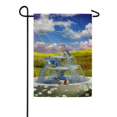 America Forever Birdbath Gathering Summer Garden Flag 12.5 x 18 inches Bluebird Daisy White Floral Springtime Double Sided Seasonal Green Field Yard Outdoor Decorative Feathered Friends Garden Flag