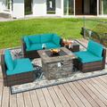 Costway 6 PCS Patio Wicker Furniture Set 34.5 Fire Pit Table W/Cover Turquoise