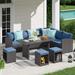 JOIVI 7 Piece Patio Furniture Set Outdoor Dining Sectional Sofa Set with Aluminum Table and Ottoman Rattan Wicker Conversation Set Aegean Blue