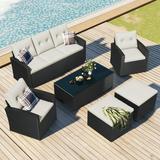 Highsound 6-Piece Patio Furniture Set All-Weather PE Rattan Outdoor Conversation Set Patio Sectional Sofa Set with Coffee Table & Ottomans Beige