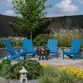 Merrick Lane 5 Piece Outdoor Leisure Set with Set of 4 Blue Poly Resin Adirondack Chairs and Star and Moon Iron Fire Pit